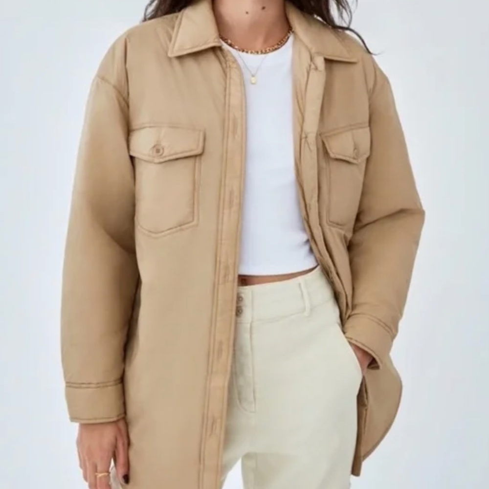 Aritzia Wilfred Free Ganna Tan Shirt Jacket Womens XS Utility Cozy Insulated